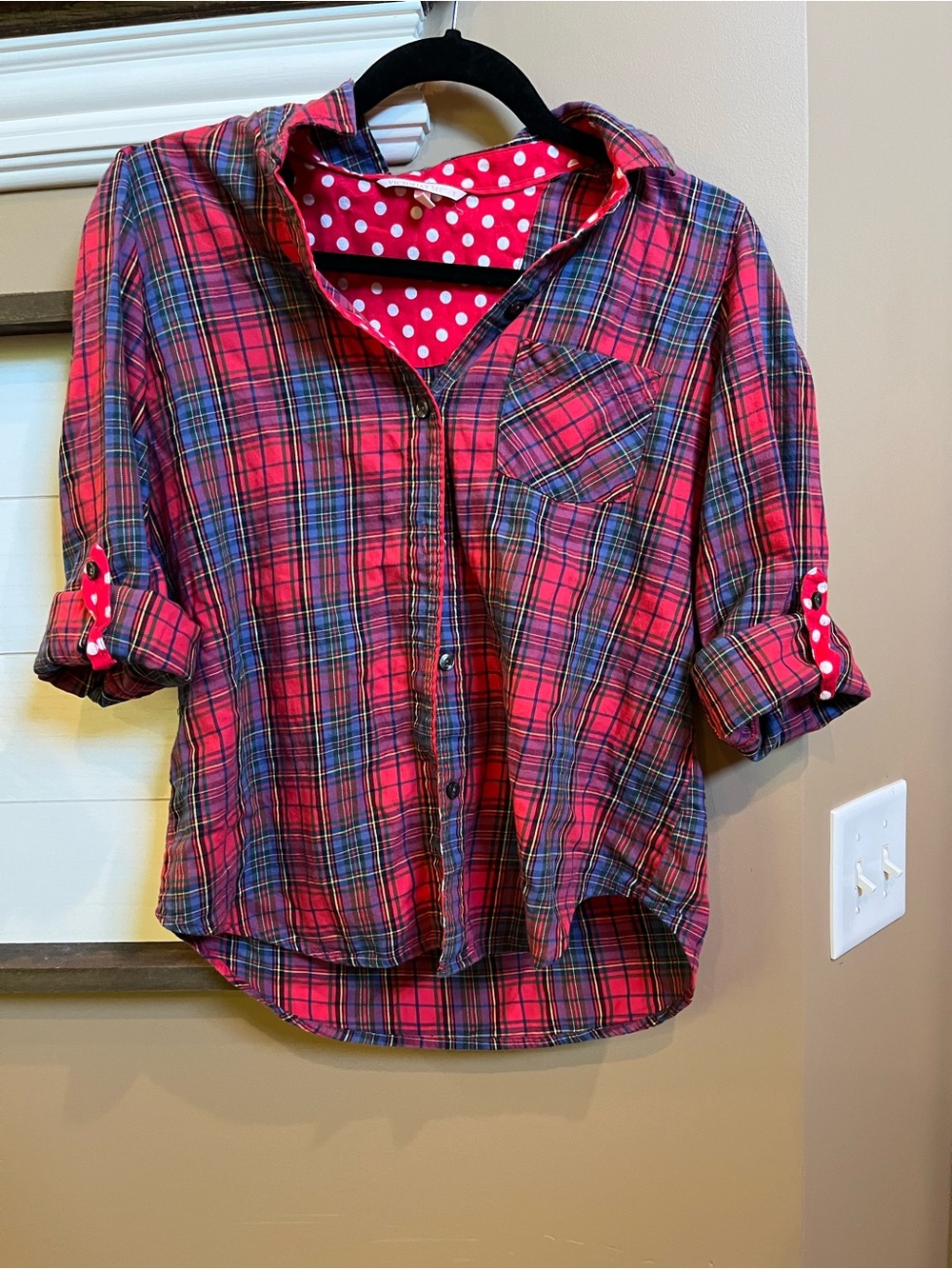 Red Plaid Button-Up Shirt with Polka Dot Lining Victorias Secret. EUC